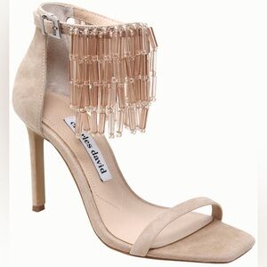 Charles David Beige Suede Heels with Beaded Fringe